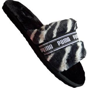 🌹PUMA Puma Fluff Wild Slides Women Size 7 White/Black , zebra-striped
